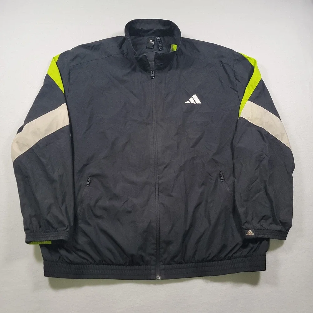 Adidas FR6599 Windbreaker Track Jacket Mens 2XL Black Neon Yellow Colorblock Zip